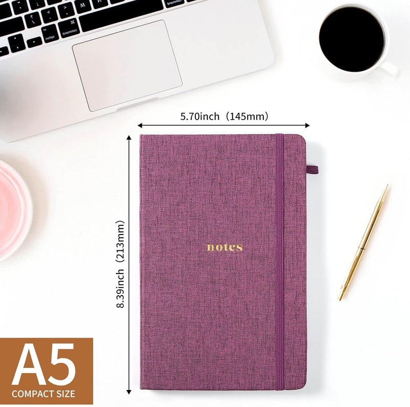 TSFPapier A5 Lined Journal Notebook – Hardcover Fabric Cover 160 Pages 100 GSM Thick Paper With Elastic Band & Pen Holder College Ruled Writing Notebooks for Work School Travel Purplishred - Image 2